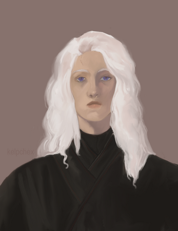 A man with long white hair and purple eyes wears black robes. He has a thin scar on his forehead.