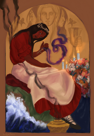 A woman performing magic from a concealed device sits on the coast. Engraved on the wall behind her are faces.