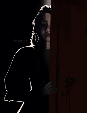A woman hides behind a blood-stained door, illuminated by light behind her.
