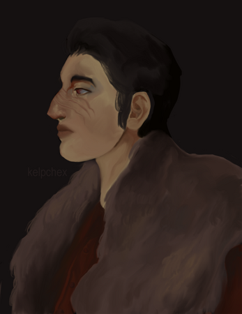 A man with distinct, claw-shaped scars on his face looks to the left. He is wearing furs.