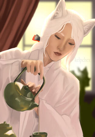 A woman wearing white robes with fox ears pours a pot of tea.