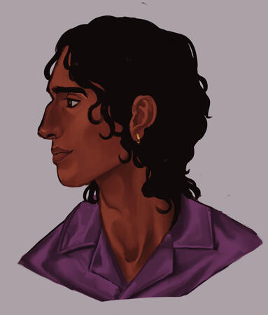 A man in profile. He is wearing a purple silk shirt and a gold earring.