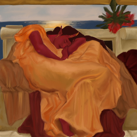 A study of Flaming June depicting a tiefling in the place of the model.