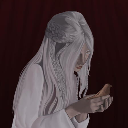 A man with long white hair looks down at a wooden bird.