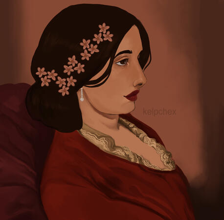 A woman with flowers in her hair wears a red dress and a pearl earring.