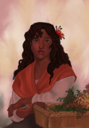 A woman rests her elbow on a basket full of flowers.