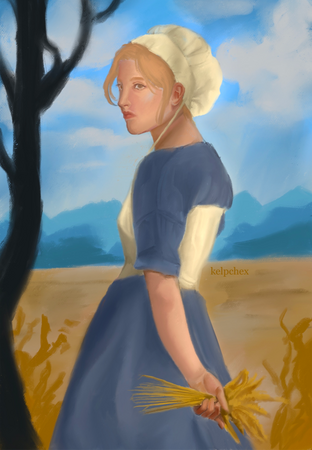 A woman looks over her shoulder in a field, holding a bushel of wheat.