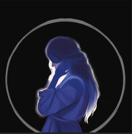 A figured drenched in blue and white light in a circle.
