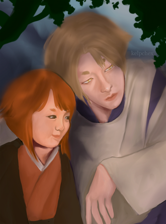 A man and a child rest under the shade of trees together.