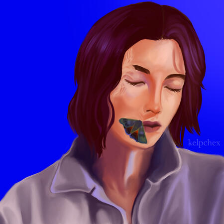 A man looks to the side with his eyes closed. A moth is on his face.