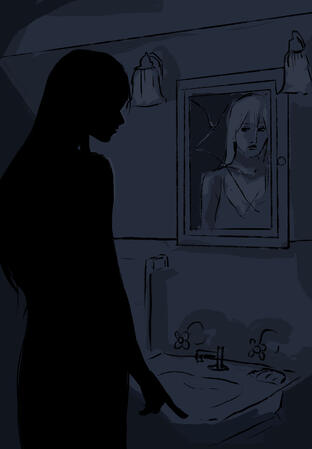 Concept of a dark room. A woman looks in a mirror where she is reflected.