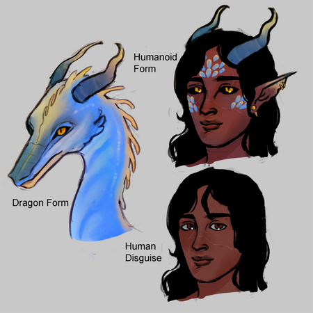 Three portraits of a dragon, a half-human-half-dragon, and a human form of a creature.