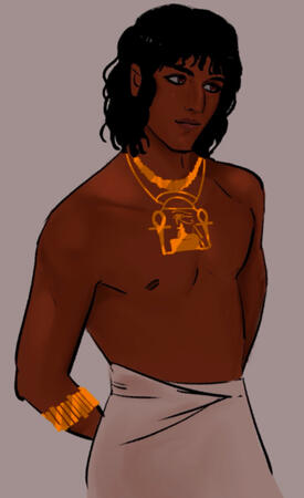A man in ancient Egyptian dress stands with his hands behind his back. He is wearing a pectoral and bracelet.