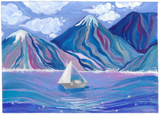 A boat floats in glittering water in front of a scene of mountains.
